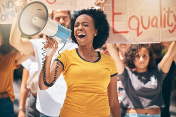 Megaphone, freedom or women equality protest for global change, gender equality or black woman...