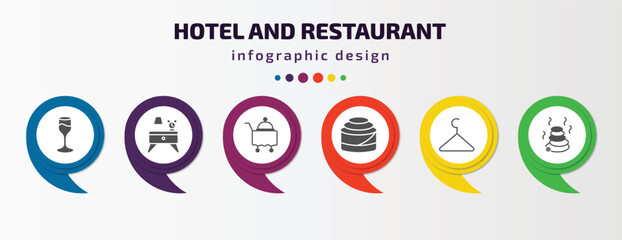 hotel and restaurant infographic template with icons and 6 step or option. hotel and restaurant icons such as wine glass, nightstand, room service, cinnamon roll, checkroom, hot stones vector. can