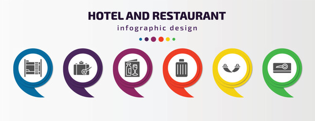 hotel and restaurant infographic template with icons and 6 step or option. hotel and restaurant icons such as bunk, left-luggage, wine menu, luggage, hammock, key card vector. can be used for