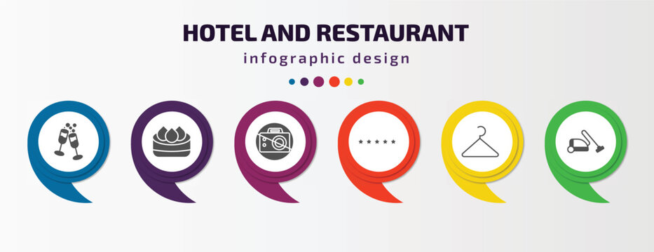 hotel and restaurant infographic template with icons and 6 step or option. hotel and restaurant icons such as champagne, dim sum, no pictures, five stars, hanger, vacuum cleaner vector. can be used