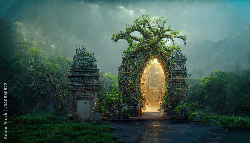 Poster in the center of the forest, surrounded by thick fog, stands a portal to another dimension. 3d rende