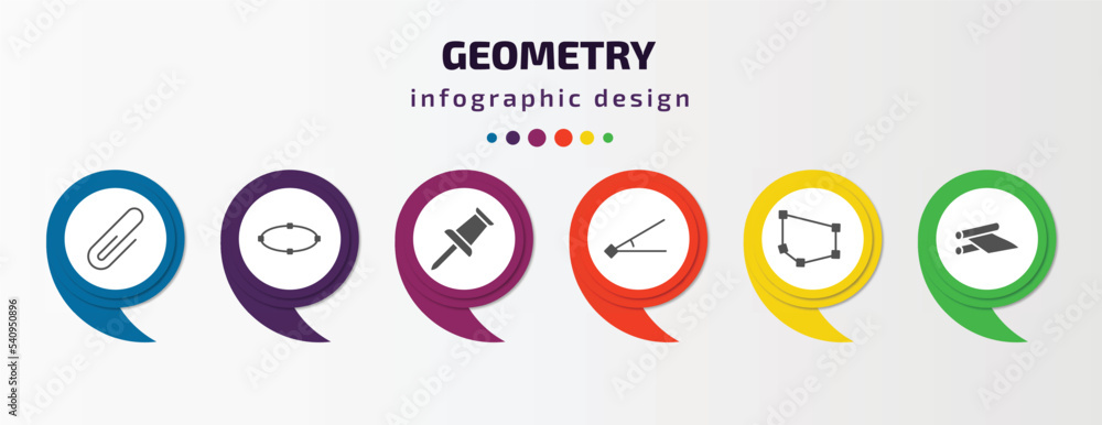 Poster geometry infographic template with icons and 6 step or option. geometry icons such as attach, ellips