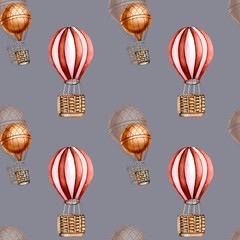 Retro hot air balloon vintage style watercolor seamless pattern isolated.