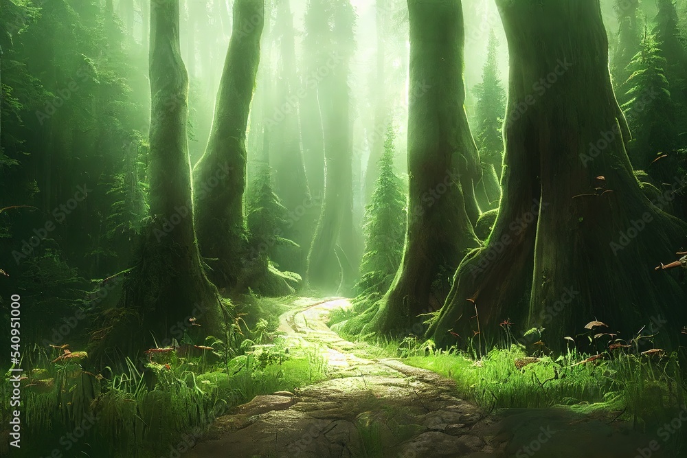 Poster the stone path lies between the tall tree trunks of a dense forest. 3d rendering