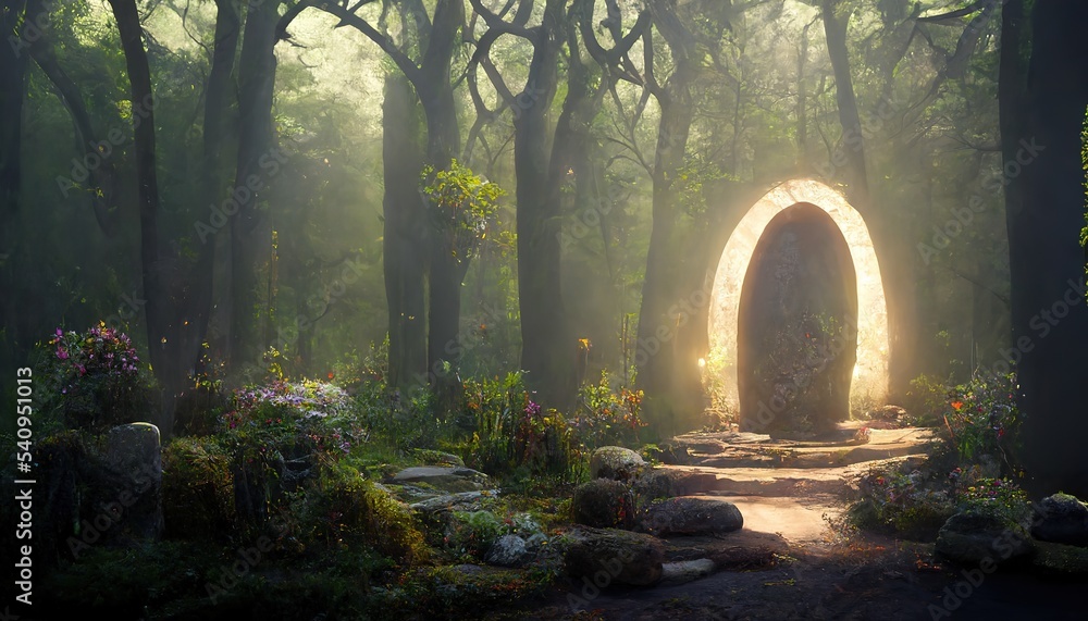 Aufkleber in the forest between the trees among the flowers stands a stone portal to another world. 3d illustr
