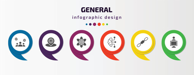 general infographic template with icons and 6 step or option. general icons such as group opinion, coordinate, core values, business intelligence, chain, coworking vector. can be used for banner,