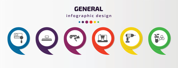 general infographic template with icons and 6 step or option. general icons such as credit score, classification, in-game advertising, ecommerce platform, perforator, bio technology vector. can be