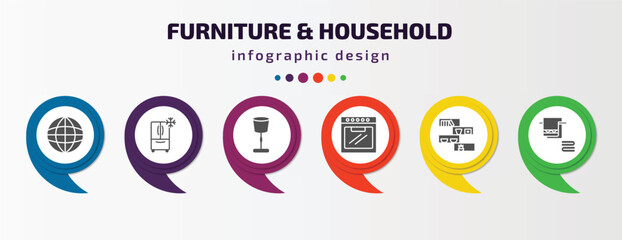 furniture & household infographic template with icons and 6 step or option. furniture & household icons such as globe, refrigerator, lamps, oven, shelf, towel vector. can be used for banner, info