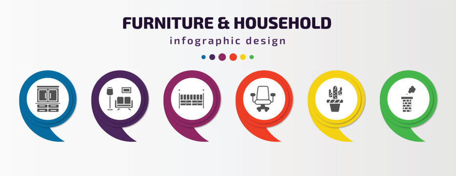 Furniture & Household Infographic Template With Icons And 6 Step Or Option. Furniture & Household Icons Such As Armoire, Living Room, Crib, Desk Chair, Cactus, Chimney Vector. Can Be Used For