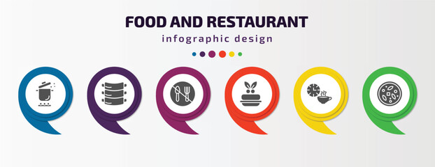 food and restaurant infographic template with icons and 6 step or option. food and restaurant icons such as stew, ribs, no eating, marzipan, tea time, sour soup vector. can be used for banner, info