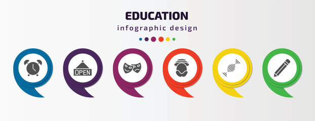 education infographic template with icons and 6 step or option. education icons such as alarm clock, opened, shakespeare, robinson crusoe, dna, pen vector. can be used for banner, info graph, web,