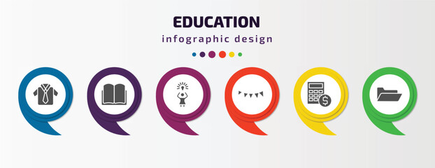 education infographic template with icons and 6 step or option. education icons such as uniform, open book black cover, woman with idea, garland, calculator and dollar, folder vector. can be used
