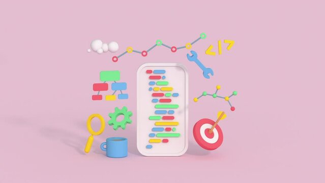 Mobile app development and SEO optimization. Minimal cartoon style 3D render animation