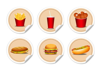 Fast junk food icons. French fries, hot dog, delicious sandwich, chicken wings, soda juice, hamburger. Fast food icons on flat style
