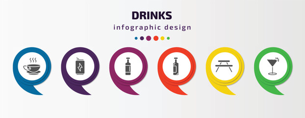 drinks infographic template with icons and 6 step or option. drinks icons such as tea, energy drink, wine bottles, wine, picnic table, sidecar drink vector. can be used for banner, info graph, web,