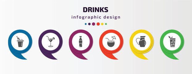 drinks infographic template with icons and 6 step or option. drinks icons such as ice bucket and bottle, cocktail, , malibu, water jug, cuba libre vector. can be used for banner, info graph, web,