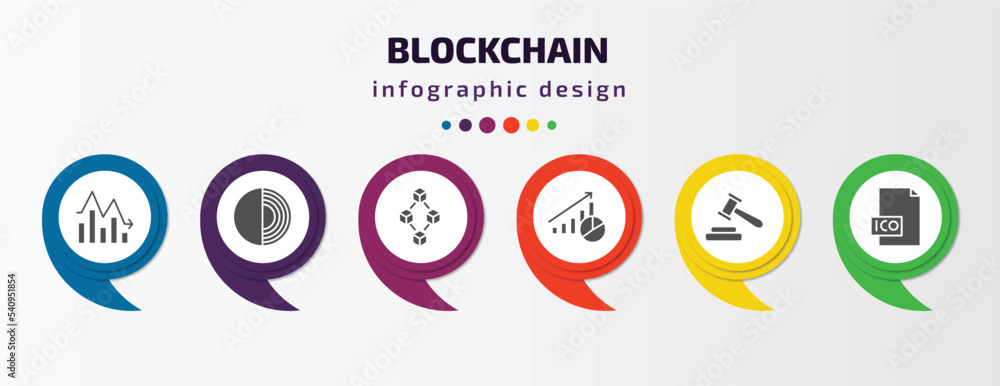 Poster blockchain infographic template with icons and 6 step or option. blockchain icons such as fluctuatio
