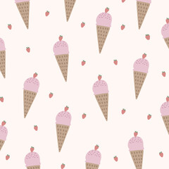 Seamless pattern of ice cream and strawberry in pastel colors. Can be used for fabrics, wallpapers, textiles, wrapping. Vector illustration