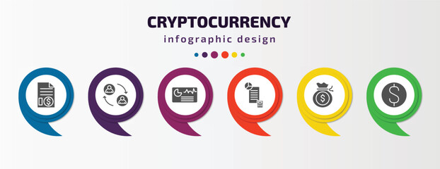 cryptocurrency infographic template with icons and 6 step or option. cryptocurrency icons such as invoice, peer to peer, crypto hash rate, budget accounting, income, dollar vector. can be used for