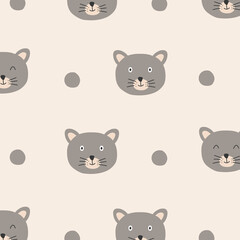 Seamless pattern of cats and polka dots in pastel colors. Can be used for fabrics, wallpapers, textiles, wrapping. Vector illustration