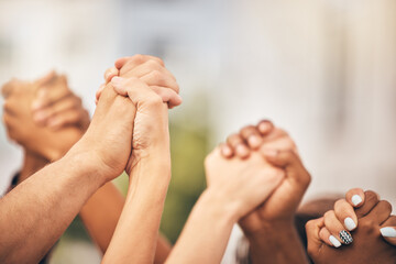 Diversity, community collaboration and holding hands in air strong together or racial empowerment march. Peace protest, trust teamwork and friendship help or friends, group or support human rights - obrazy, fototapety, plakaty