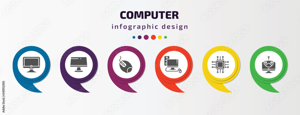 Poster computer infographic template with icons and 6 step or option. computer icons such as full computer,