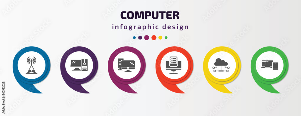 Poster computer infographic template with icons and 6 step or option. computer icons such as telecommunicat