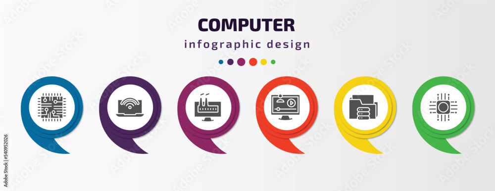Poster computer infographic template with icons and 6 step or option. computer icons such as chips, wi fi, 