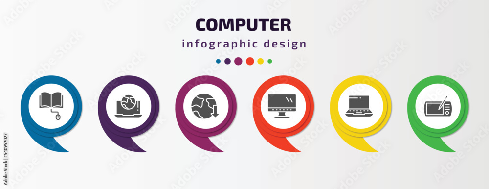 Poster computer infographic template with icons and 6 step or option. computer icons such as book and compu