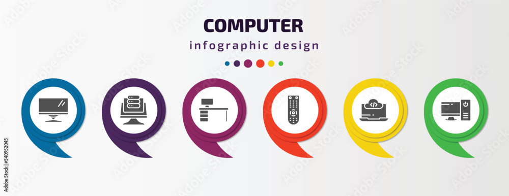 Poster computer infographic template with icons and 6 step or option. computer icons such as computer monit
