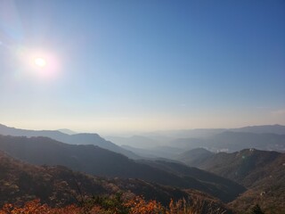 Bukhansan National Park. Mangwolsa Temple. autumn mountains. hiking Korean mountains. mountain landscapes in autumn. trekking. rise to the top of the mountain. fine dust in Korea