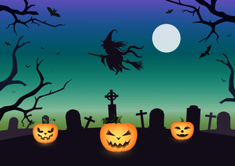 Halloween, full moon, witch, cemetery, graves, pumpkin and bats