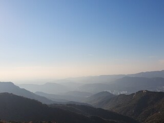 Bukhansan National Park. Mangwolsa Temple. autumn mountains. hiking Korean mountains. mountain landscapes in autumn. trekking. rise to the top of the mountain. fine dust in Korea