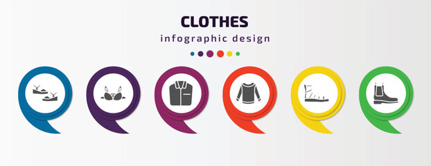 clothes infographic template with icons and 6 step or option. clothes icons such as platform sandals, bra, formal shirt, long sleeves t shirt, gladiator sandal, leather chelsea boots vector. can be