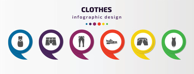 clothes infographic template with icons and 6 step or option. clothes icons such as long bandeau dress, boxers, slim fit pants, leather shoes, denim shorts, cocktail dress vector. can be used for