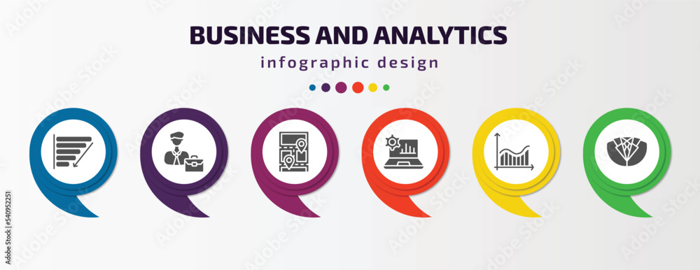 Aufkleber business and analytics infographic template with icons and 6 step or option. business and analytics 