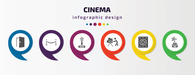 cinema infographic template with icons and 6 step or option. cinema icons such as doorway, cinema borders, trophy with a star, cameraman, film, star movie award vector. can be used for banner, info