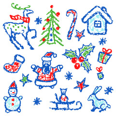 Fototapeta na wymiar Like child hand drawing christmas set. Snowman, tree, deer, gift box, snow, santa, hut cartoon clip art. Crayon, pastel chalk, pencil kid painting flat funny doodle simple stroke. Vector collection
