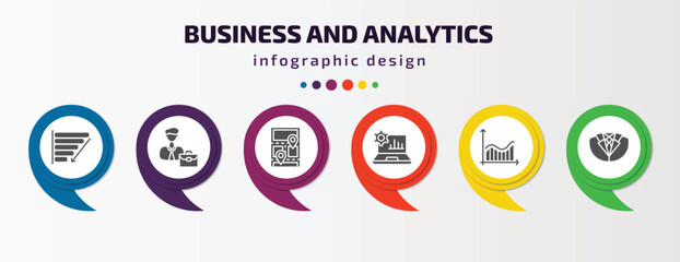 business and analytics infographic template with icons and 6 step or option. business and analytics icons such as depleting chart, worker, 3d location graph, laptop with analysis, profit analysis,