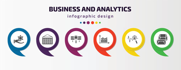 business and analytics infographic template with icons and 6 step or option. business and analytics icons such as revenue, monthly wall calendar, stock data analysis, data wave, sine waves analysis,