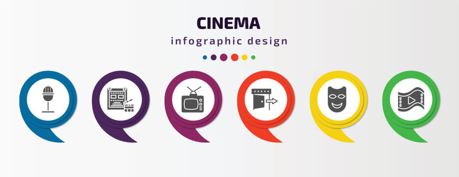 cinema infographic template with icons and 6 step or option. cinema icons such as studio mic, film poster, television with antenna, cinema exit, smile mask, big play button vector. can be used for