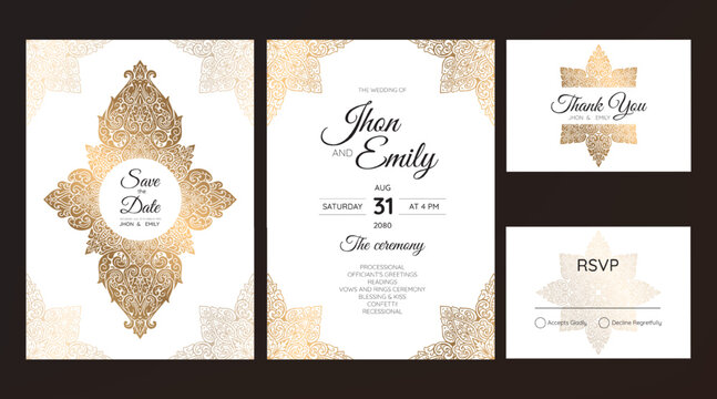 Gold vintage greeting card on a white background. Luxury ornament template. Mandala. Great for invitation, flyer, menu, brochure, postcard, background, wallpaper, decoration, or any desired idea