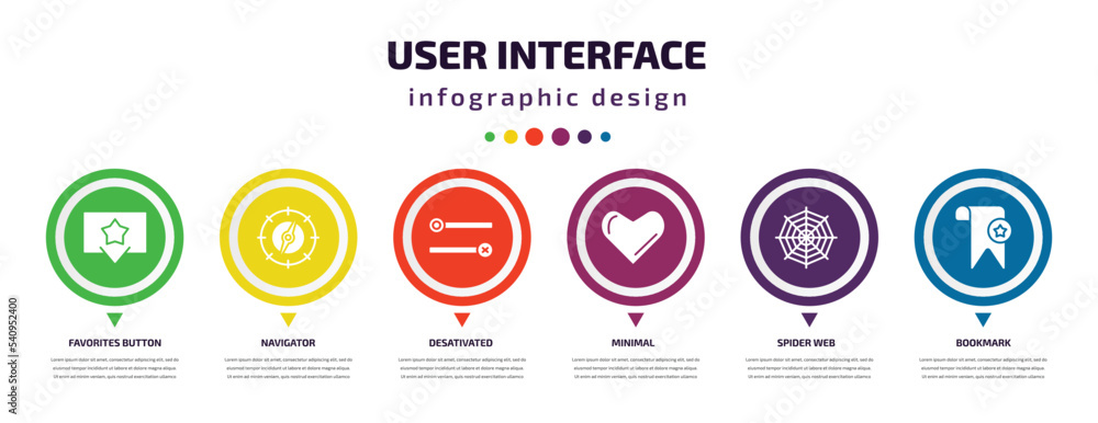Poster user interface infographic element with icons and 6 step or option. user interface icons such as fav