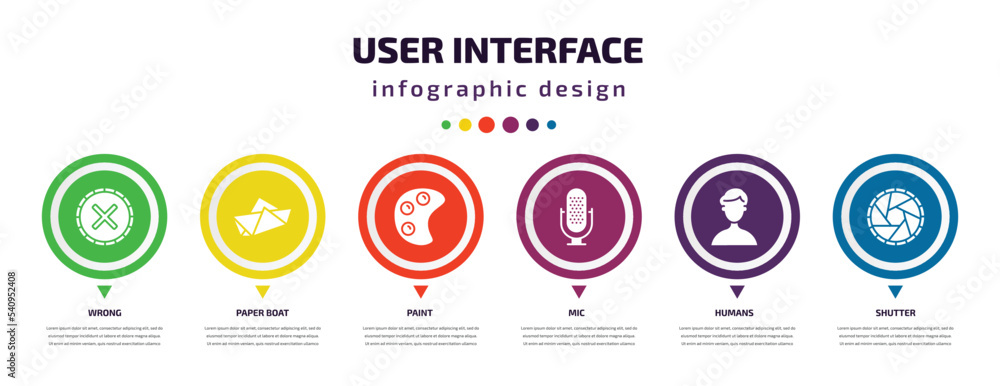 Poster user interface infographic element with icons and 6 step or option. user interface icons such as wro