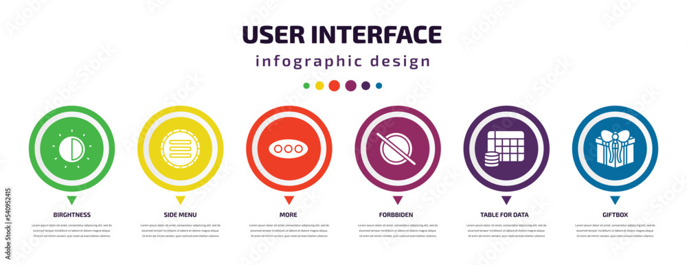 Aufkleber user interface infographic element with icons and 6 step or option. user interface icons such as bir