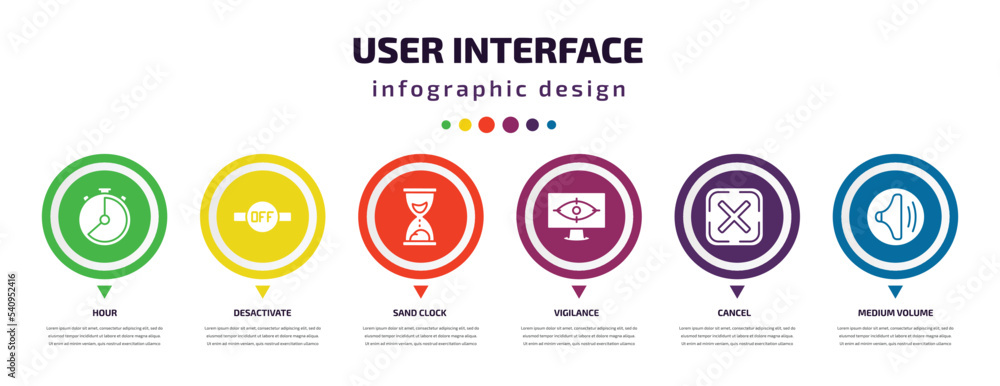Aufkleber user interface infographic element with icons and 6 step or option. user interface icons such as hou