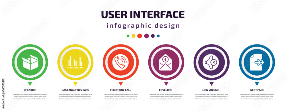 Poster user interface infographic element with icons and 6 step or option. user interface icons such as ope
