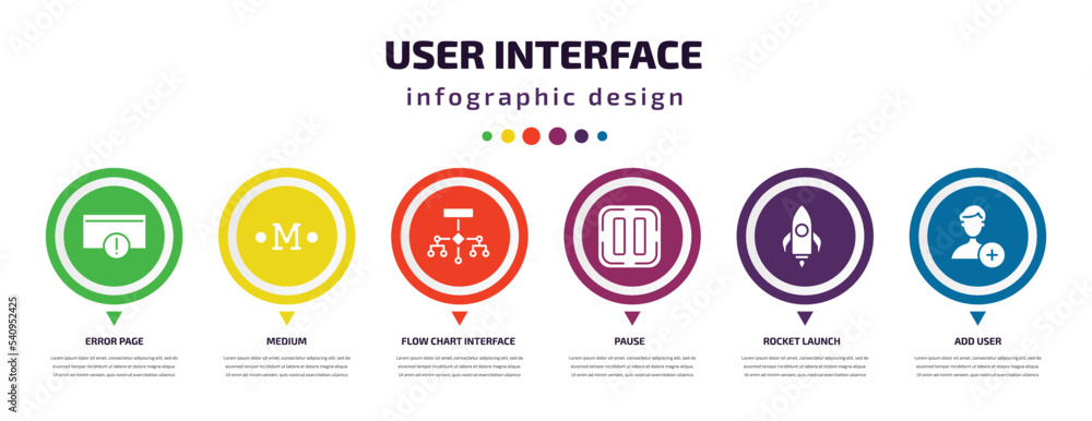 Poster user interface infographic element with icons and 6 step or option. user interface icons such as err