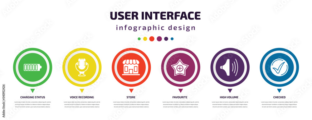 Aufkleber user interface infographic element with icons and 6 step or option. user interface icons such as cha