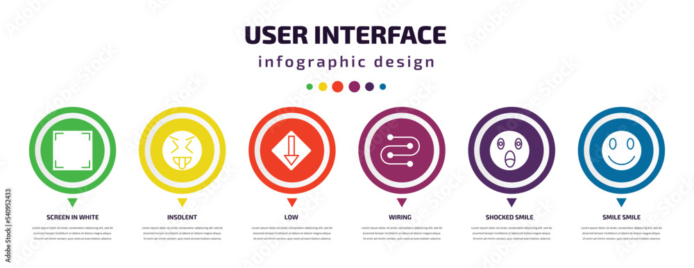Aufkleber user interface infographic element with icons and 6 step or option. user interface icons such as scr